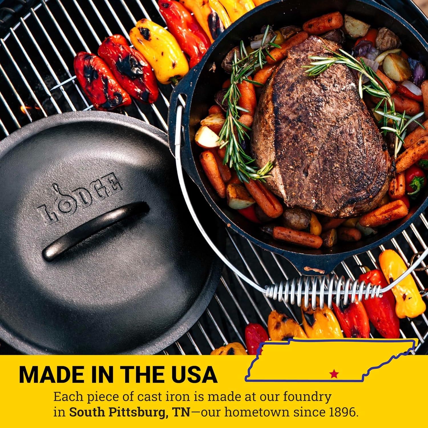 Seasoned Cast Iron Dutch Oven with Bail Handle - Heavy-Duty Campfire Ready Cooking Pot with Lid for Indoor & Outdoor Cooking - 9 Quart