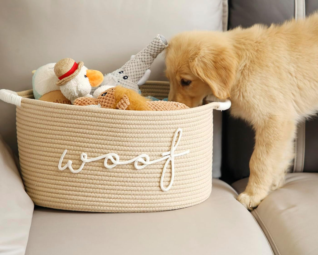 Woof Woven Rope Storage Baskets, Pet Dog Toy Bin Box Perfect for Organizing Chew Toys Blankets Leashes, Dog Toy Holder Cotton Basket Puppy Bins
