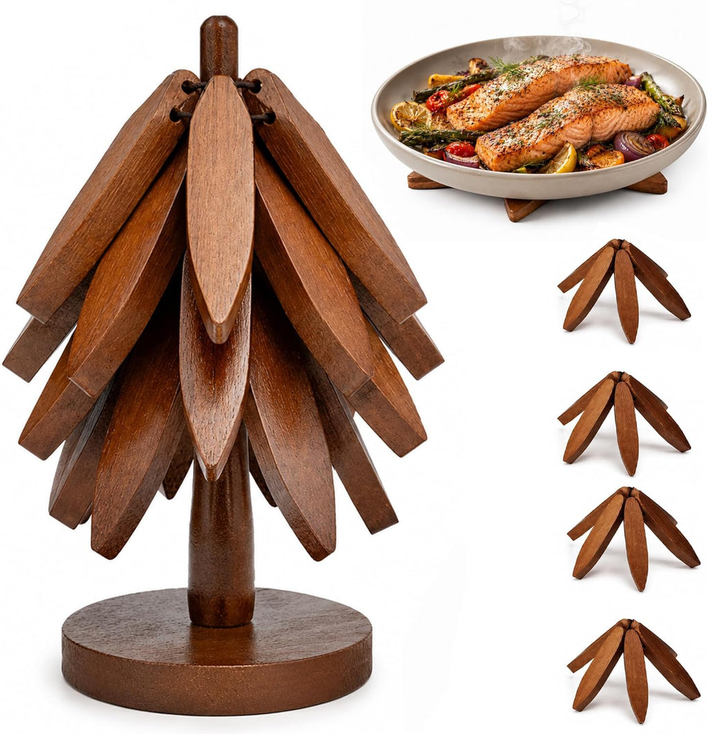Wooden Trivets for Hot Dishes – Tree Trivet Set with 4 Foldable Wooden Trivets & 1 Stand, Heat-Resistant, Space-Saving Trivet Tree for Pots, Bowls & Teapots (Walnut)