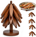 Wooden Trivets for Hot Dishes – Tree Trivet Set with 4 Foldable Wooden Trivets & 1 Stand, Heat-Resistant, Space-Saving Trivet Tree for Pots, Bowls & Teapots (Walnut)
