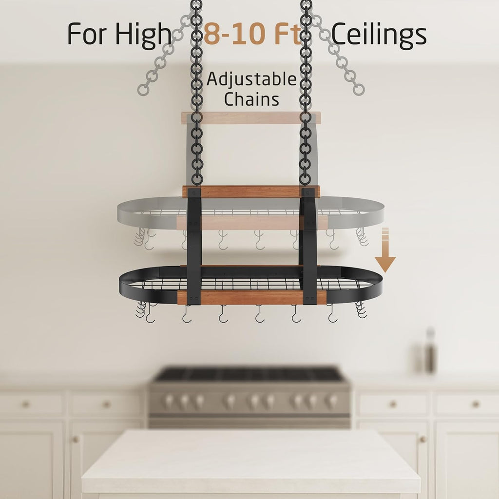 Natural Solid Wood 39 Inch Large Hanging Pot Rack, 130 LBS Capacity Heavy Duty Oval Pot and Pan Hanging Rack Ceiling Mount, Pot Pan Hangers Organizer for Kitchen, 20 Hooks (For 16" and 24" Joist)