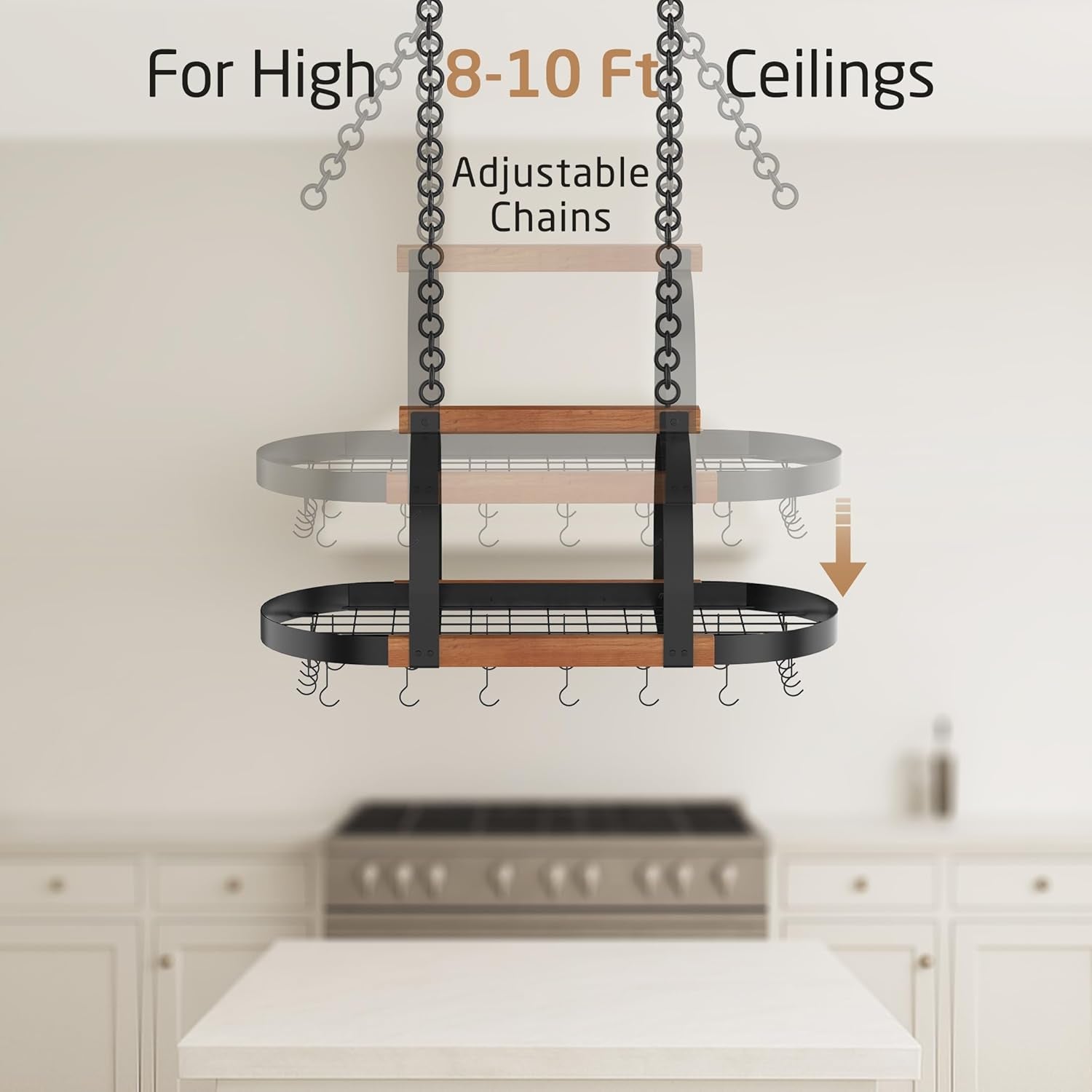 Natural Solid Wood 39 Inch Large Hanging Pot Rack, 130 LBS Capacity Heavy Duty Oval Pot and Pan Hanging Rack Ceiling Mount, Pot Pan Hangers Organizer for Kitchen, 20 Hooks (For 16" and 24" Joist)