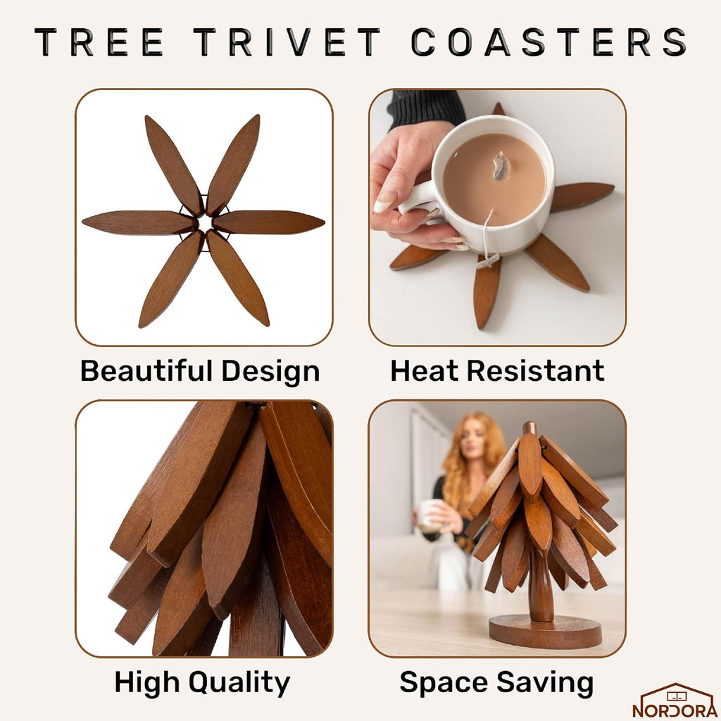 Wooden Trivets for Hot Dishes – Tree Trivet Set with 4 Foldable Wooden Trivets & 1 Stand, Heat-Resistant, Space-Saving Trivet Tree for Pots, Bowls & Teapots (Walnut)