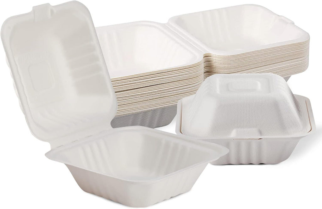 50-Pack 6X6 Biodegradable Bento Box Hamburger Containers, Compostable Small Take Out Boxes Made from Sugarcane Fibers
