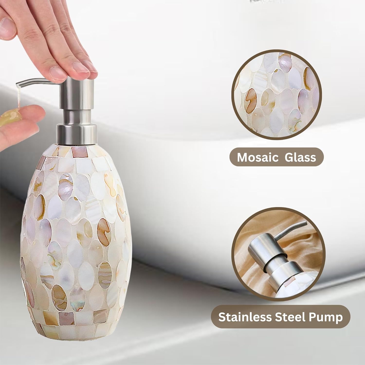 Natural Shell Bathroom Accessories Set 3 Pcs | Handcrafted Mother of Pearl Mosaic Glass Soap Dispenser, Toothbrush Holder, Cotton Jar | Luxury Coastal Bathroom Decor