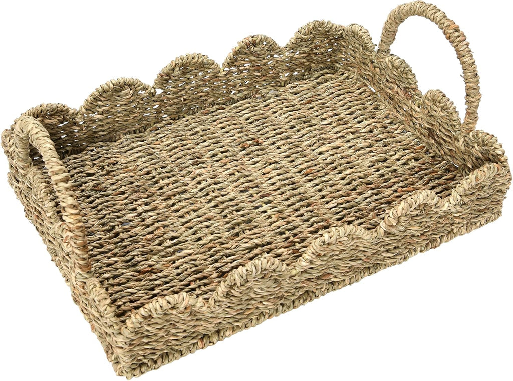 Seagrass Decorative Tray with Scalloped Edge, Handwoven Natural Wicker Organizer Basket with Handles & Iron Frame for Coffee Tables, Bathrooms & Countertops