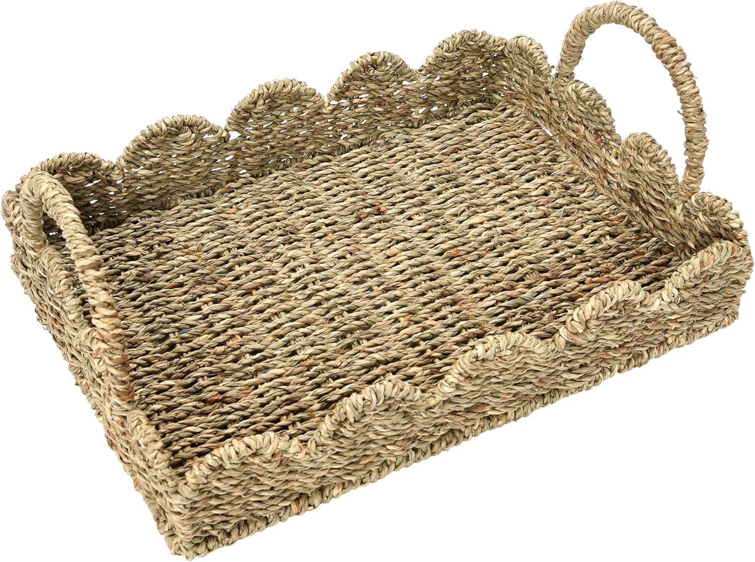 Seagrass Decorative Tray with Scalloped Edge, Handwoven Natural Wicker Organizer Basket with Handles & Iron Frame for Coffee Tables, Bathrooms & Countertops