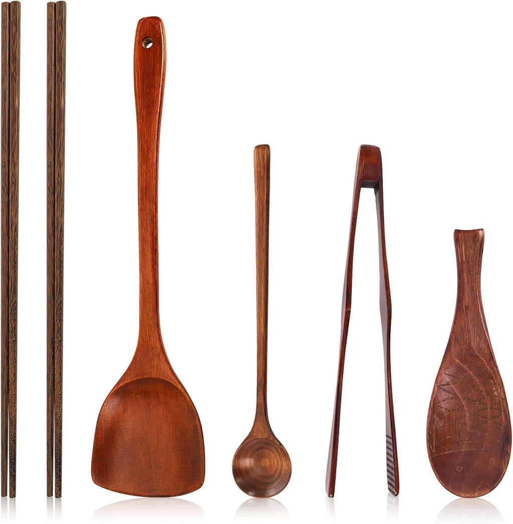 6 Pieces Wood Utensils Set, Nonstick Wood Kitchen Utensils with Japanese Style, Wooden Long Chopsticks, Spatula, Toaster Tong, Long Handle Spoon and Fish-Shaped Rice Spoon for Cooking