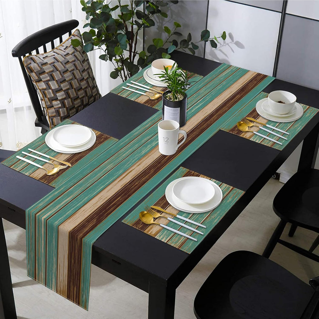 Cotton Burlap Farmhouse Table Runner with 6 Placemats,Blue Teal Heat-Resistant Set for Kitchen Coffee Table Party Banquet Decor(1 Table Runner 72 Inches Long and 6 Placemats)