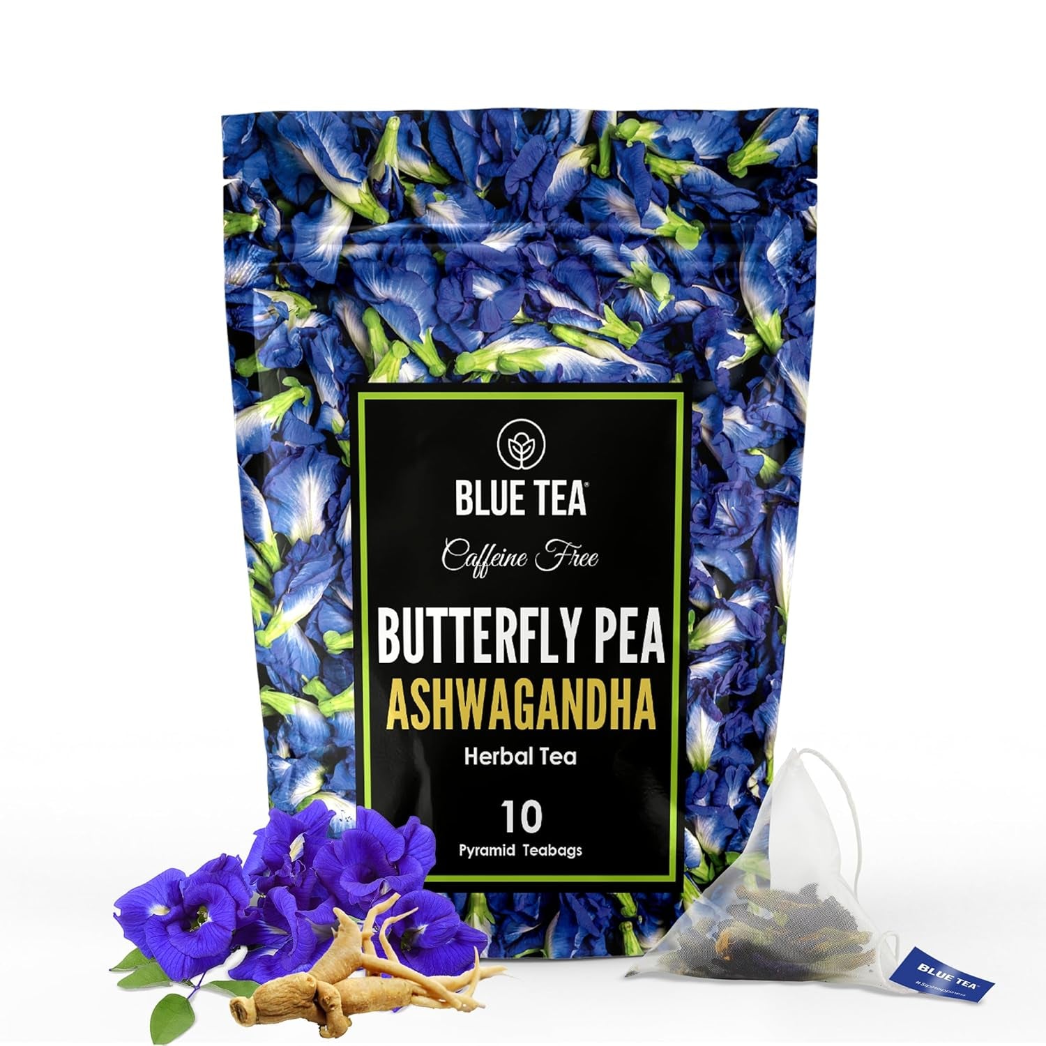- Butterfly Pea Flower Tea - Ashwagandha - 10 Count - Pyramid Plant Based Tea Bag | ANTIOXIDANT RICH | Caffeine Free - Flower Based - Herbal Tea - Non Bitter | Zipper Pack