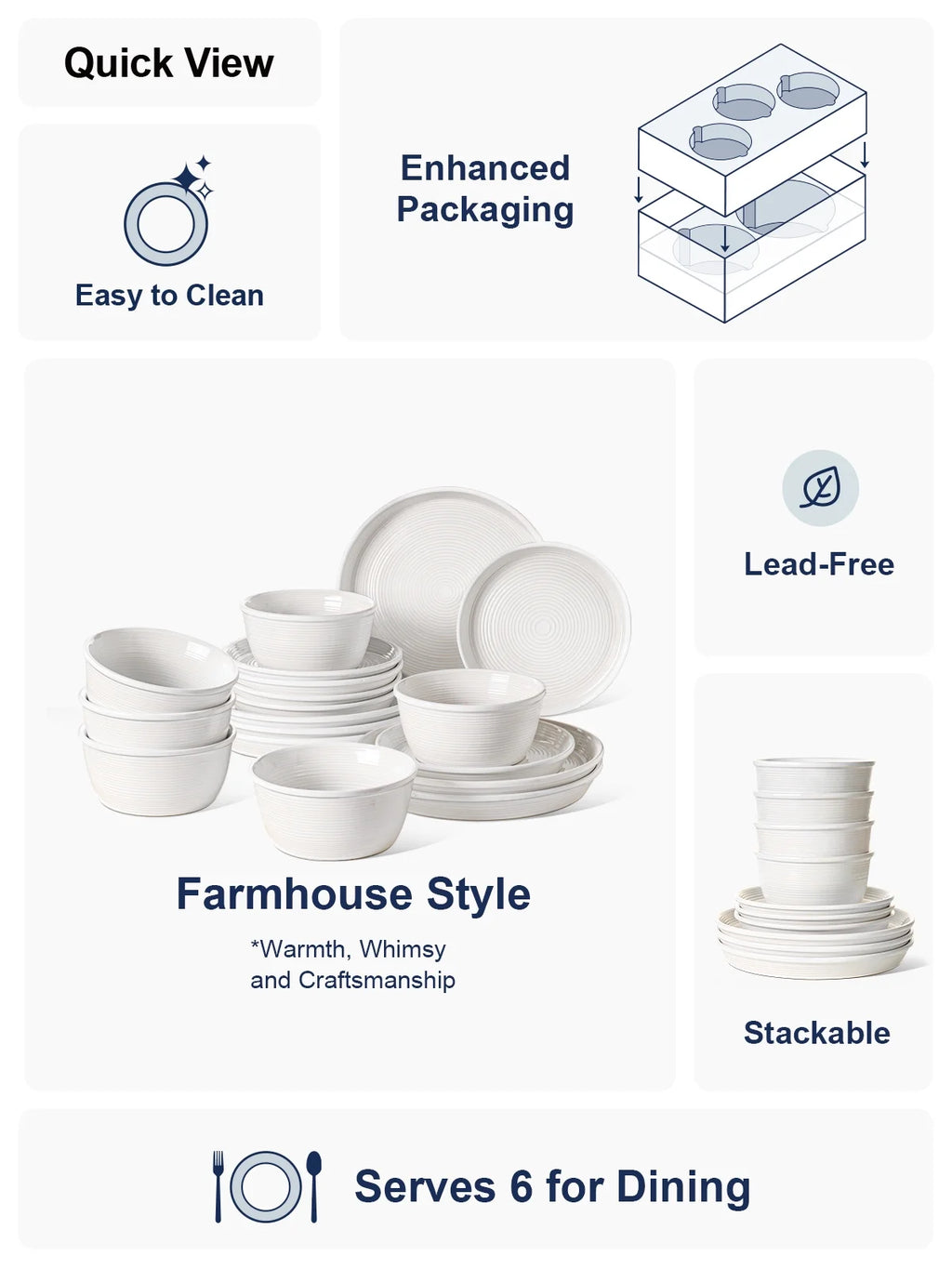 LE TAUCI 18-Piece Dinnerware Set, Ceramic Plates and Bowls Set for 6, Stoneware Dishes Set for Family, Microwave & Dishwasher Safe -White Dinner Set