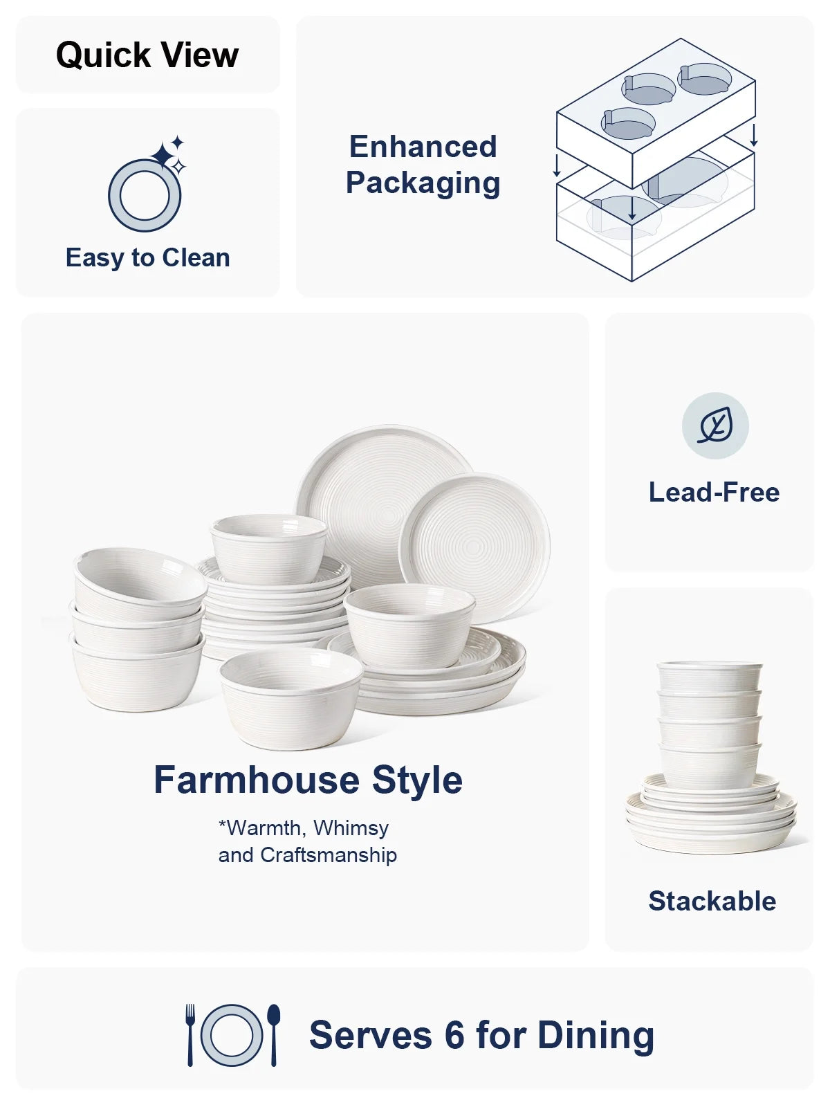 LE TAUCI 18-Piece Dinnerware Set, Ceramic Plates and Bowls Set for 6, Stoneware Dishes Set for Family, Microwave & Dishwasher Safe -White Dinner Set
