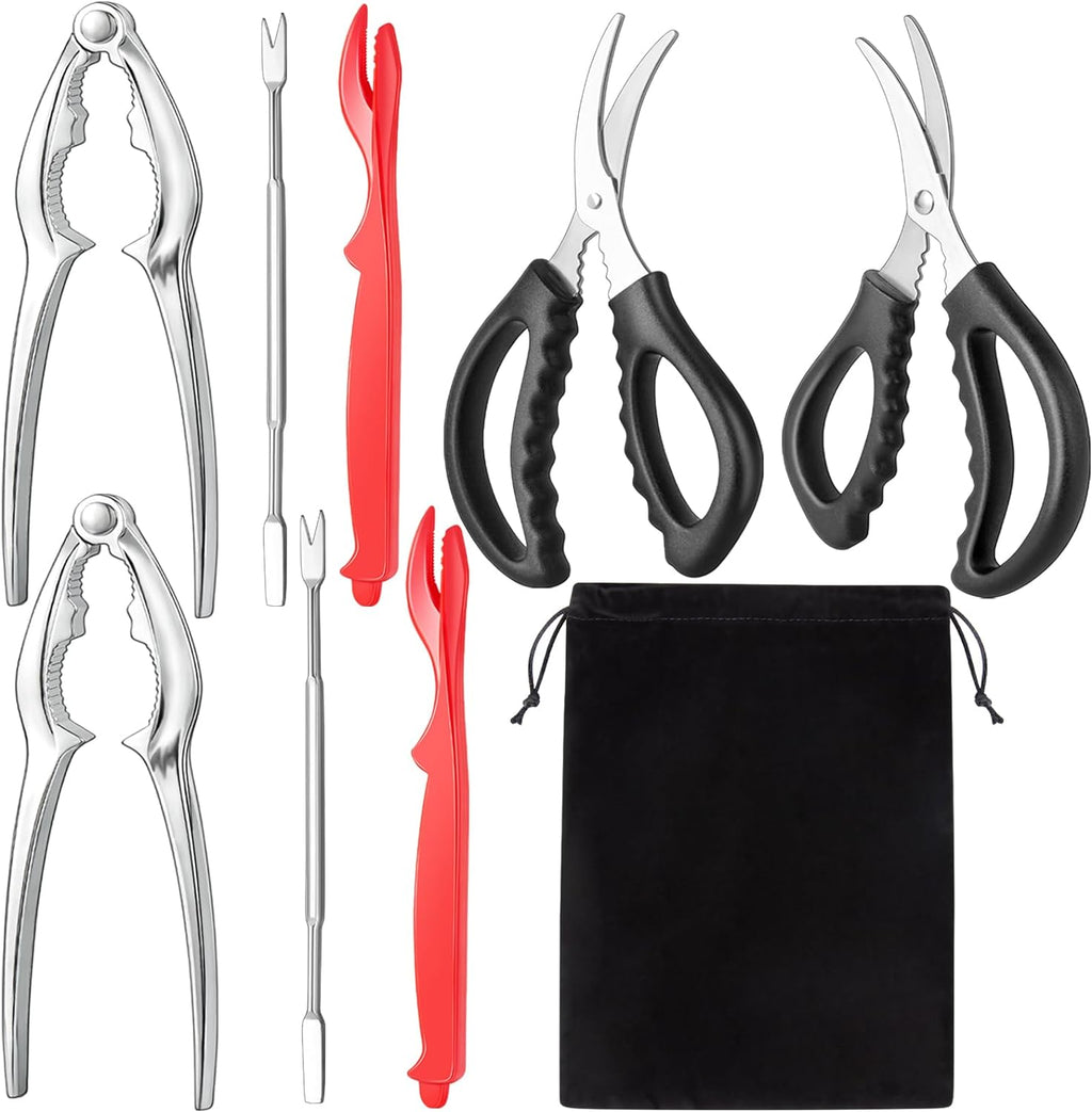 Seafood Cracker Tool Set with Lobster Sheller Stainless Steel Crab Crackers Crab Leg Fork Seafood Scissors and Storage Bag, Crab Leg Pick Utensils Set Crab Eating Tools (9Pcs)