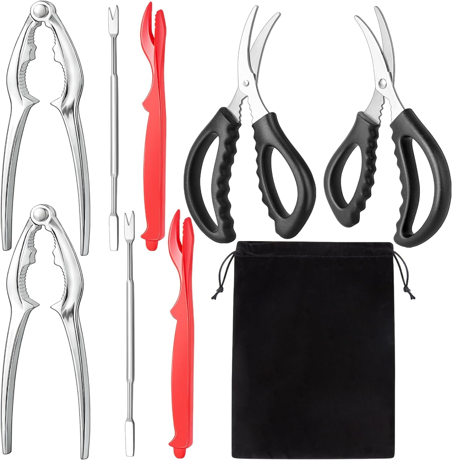 Seafood Cracker Tool Set with Lobster Sheller Stainless Steel Crab Crackers Crab Leg Fork Seafood Scissors and Storage Bag, Crab Leg Pick Utensils Set Crab Eating Tools (9Pcs)