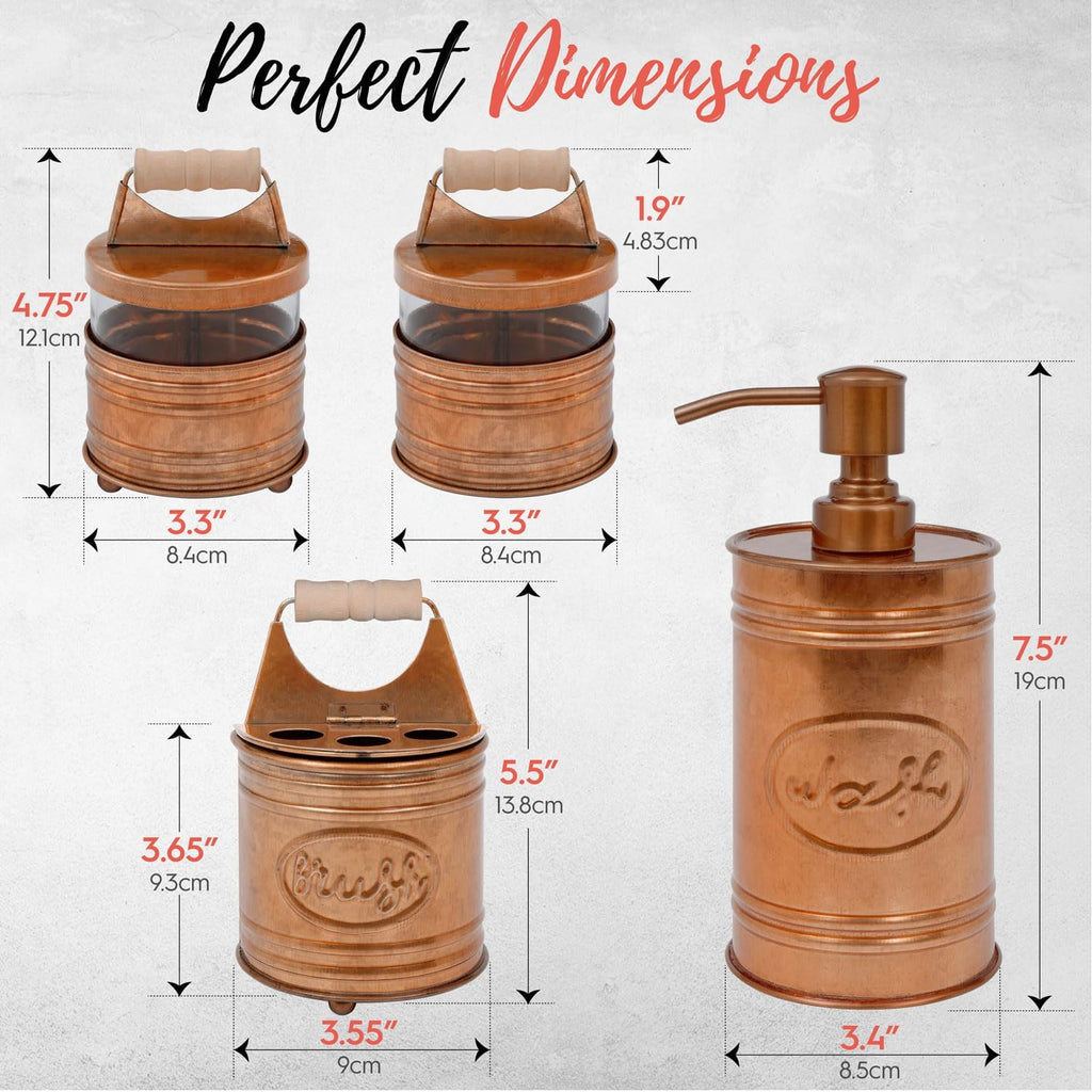 Rustic Bathroom Accessories Set 4 - Copper Farmhouse Soap Dispenser, Toothbrush Holder, 2 Apothecary Jars Qtip Holder - Rustic Bathroom Decor – Farmhouse Bathroom Accessories
