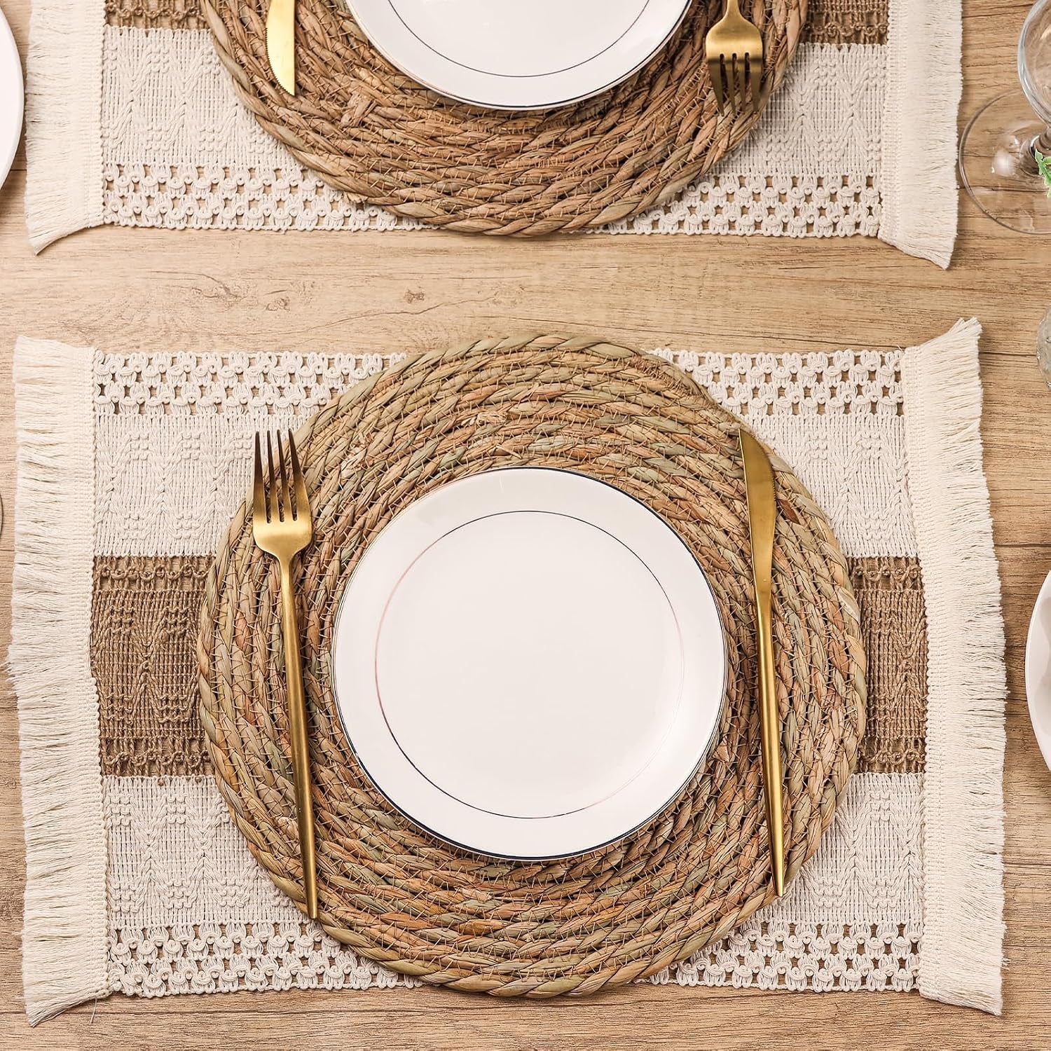 12 Pcs Handmade Boho Placemats Set of 6 Table Mats for Kitchen Dining Table Farmhouse Centerpiece Decor Natural Cotton Burlap and Water Straw Woven Combination Place Mats