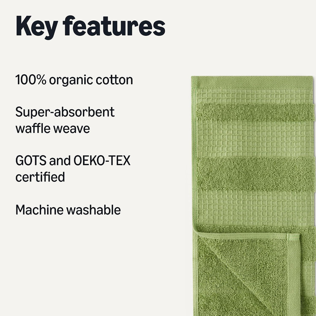 Organic Cotton Waffle Kitchen Dish Cloths, Ultra Absorbent, Quick Drying, Lint-Free, 12 X 12 Inches, 6-Pack (2 Brown, 2 Green, 2 Navy)