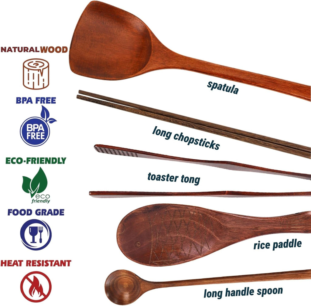 6 Pieces Wood Utensils Set, Nonstick Wood Kitchen Utensils with Japanese Style, Wooden Long Chopsticks, Spatula, Toaster Tong, Long Handle Spoon and Fish-Shaped Rice Spoon for Cooking