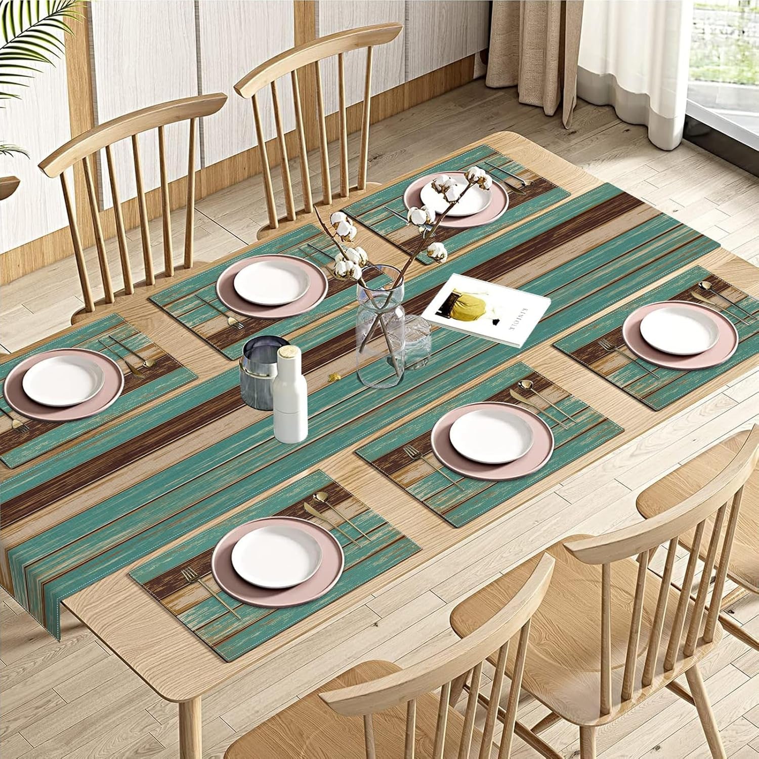 Cotton Burlap Farmhouse Table Runner with 6 Placemats,Blue Teal Heat-Resistant Set for Kitchen Coffee Table Party Banquet Decor(1 Table Runner 72 Inches Long and 6 Placemats)