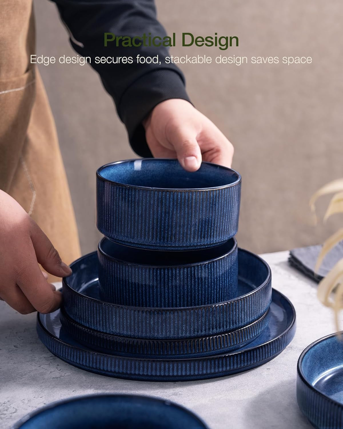 Star 24-Piece Stoneware Dinnerware Sets, Service for 6 - Reactive Glaze Mugs, Plates and Bowls, Dishes for Everyday/Formal Use, Chip/Scratch Resistant, Microwave/Dishwasher Safe, Nebulas Blue