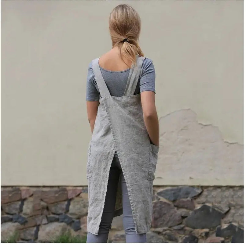 Japan Style Cotton Linen Aprons Solid Cross Bandage X Shape Back Kitchen Restaurant Cooking Apron Clothes Lady Cleaning Tools