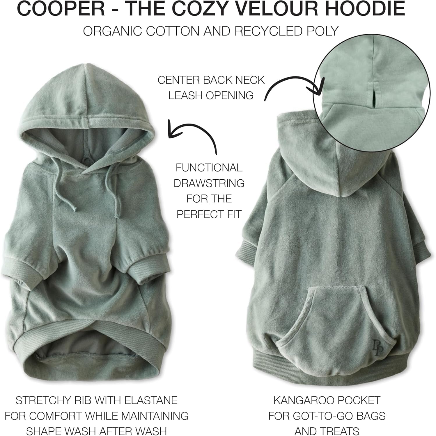 Cooper II Organic Cotton Velour Dog Hoodie Pet Coat for Small, Medium and Large Dogs, Sage, Large (40-60 Lbs)