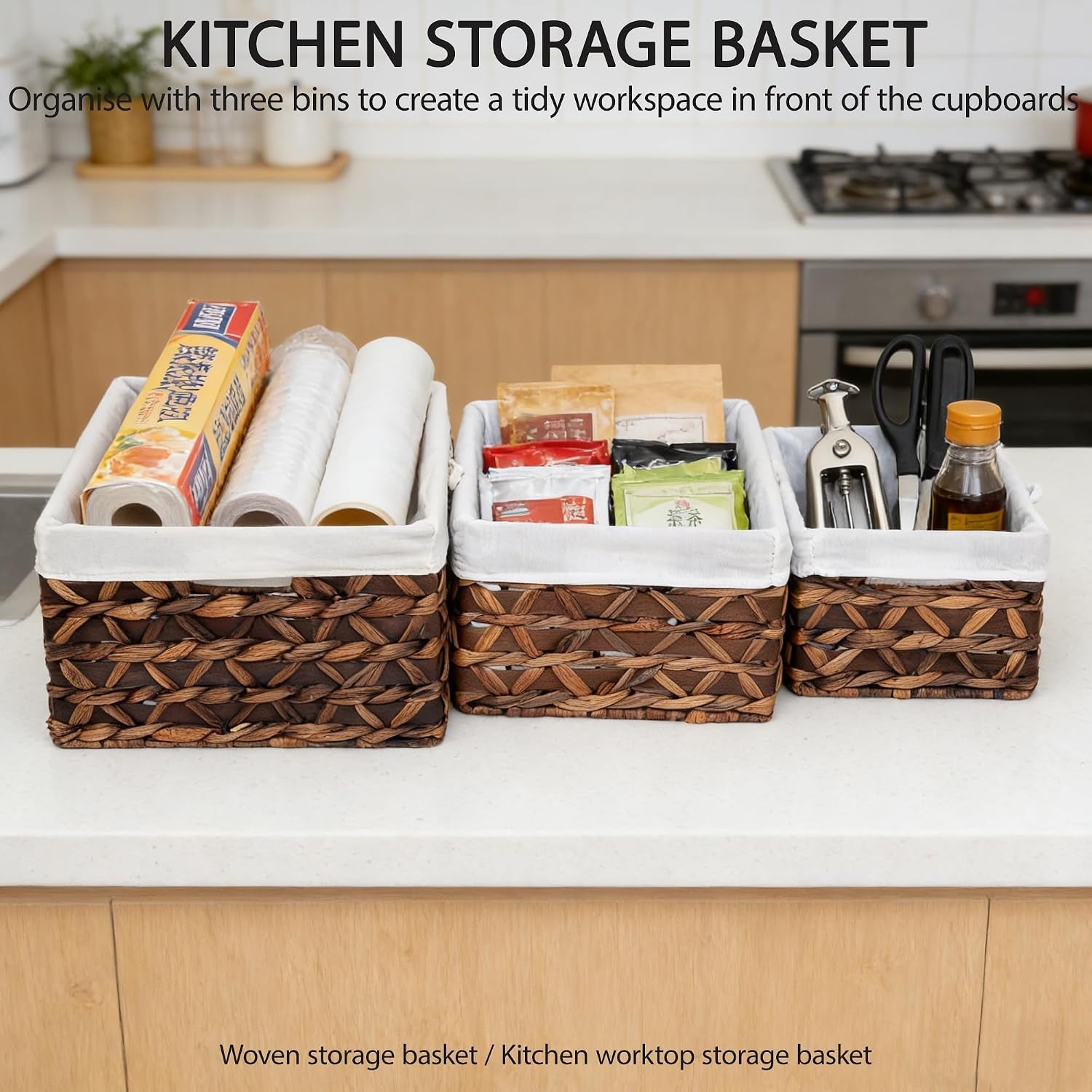 Natural Water Hyacinth Storage Baskets Set of 3 with Metal Frame & Removable Liner, Rectangular Wicker Organizer Bins for Home Bedroom Living Room Bathroom Closet Organization