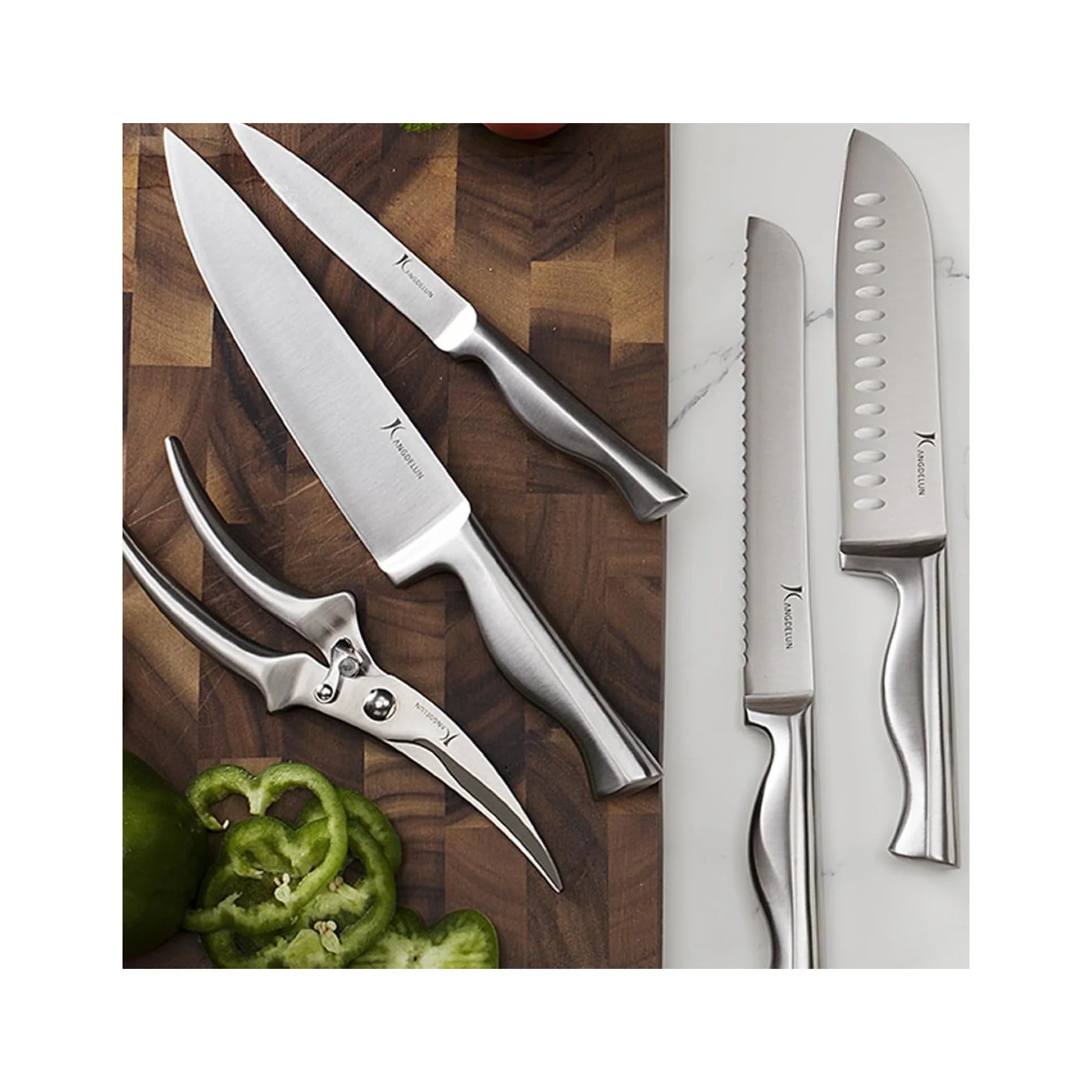 15-Piece Ultra Sharp Kitchen Knife Set with Wooden Block, Exclusive Ergonomic Anti-Slip Handle, High-Carbon 50CR15MOV Steel, Angled Design, Dark Brown Wood Block