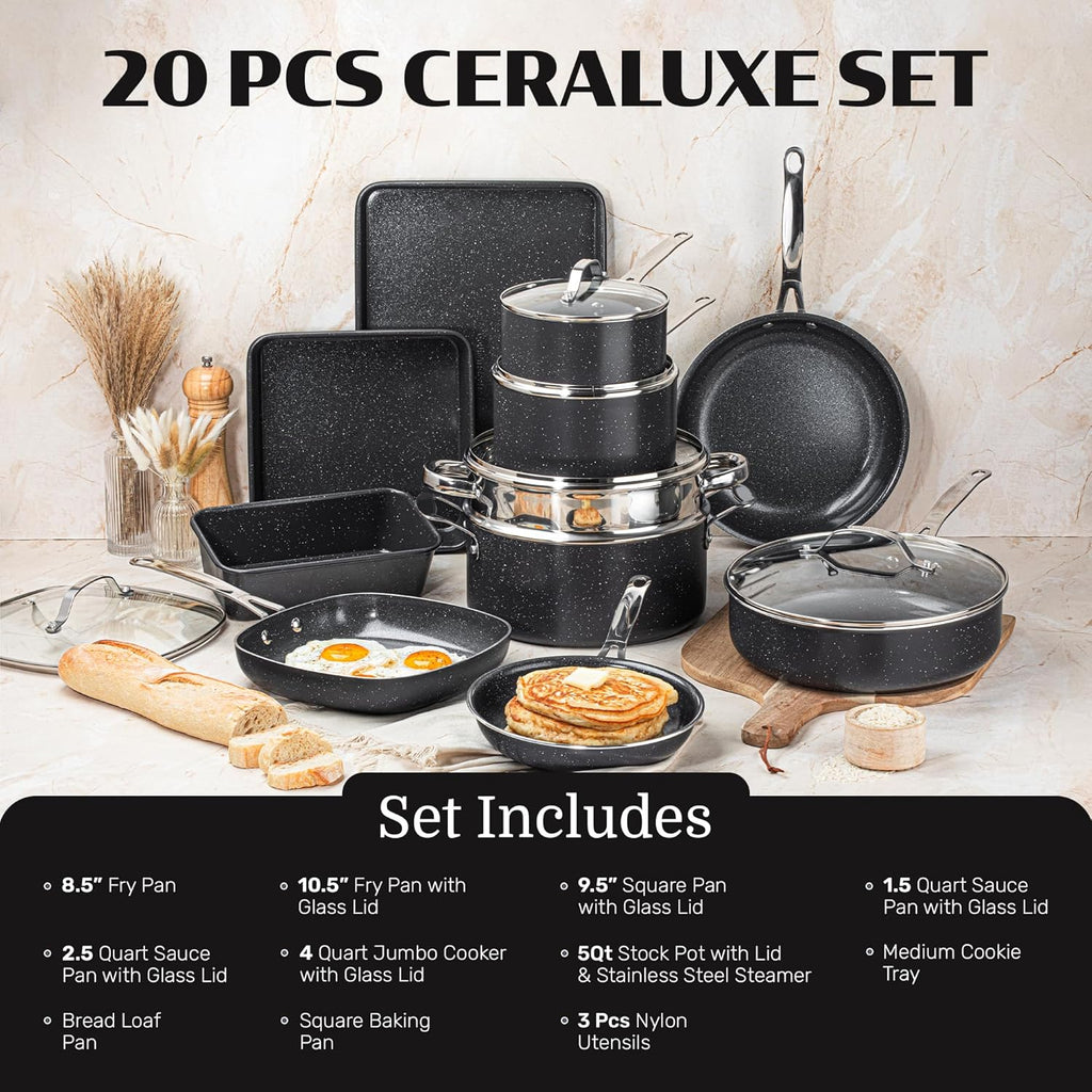 Ceraluxe 20 Pc Ceramic Cookware Set Nonstick, Complete Pots and Pans Set Non Stick for Kitchen with Bakeware, Utensils & Steamer, Non Toxic Made without PFOA PFOS, Oven & Dishwasher Safe
