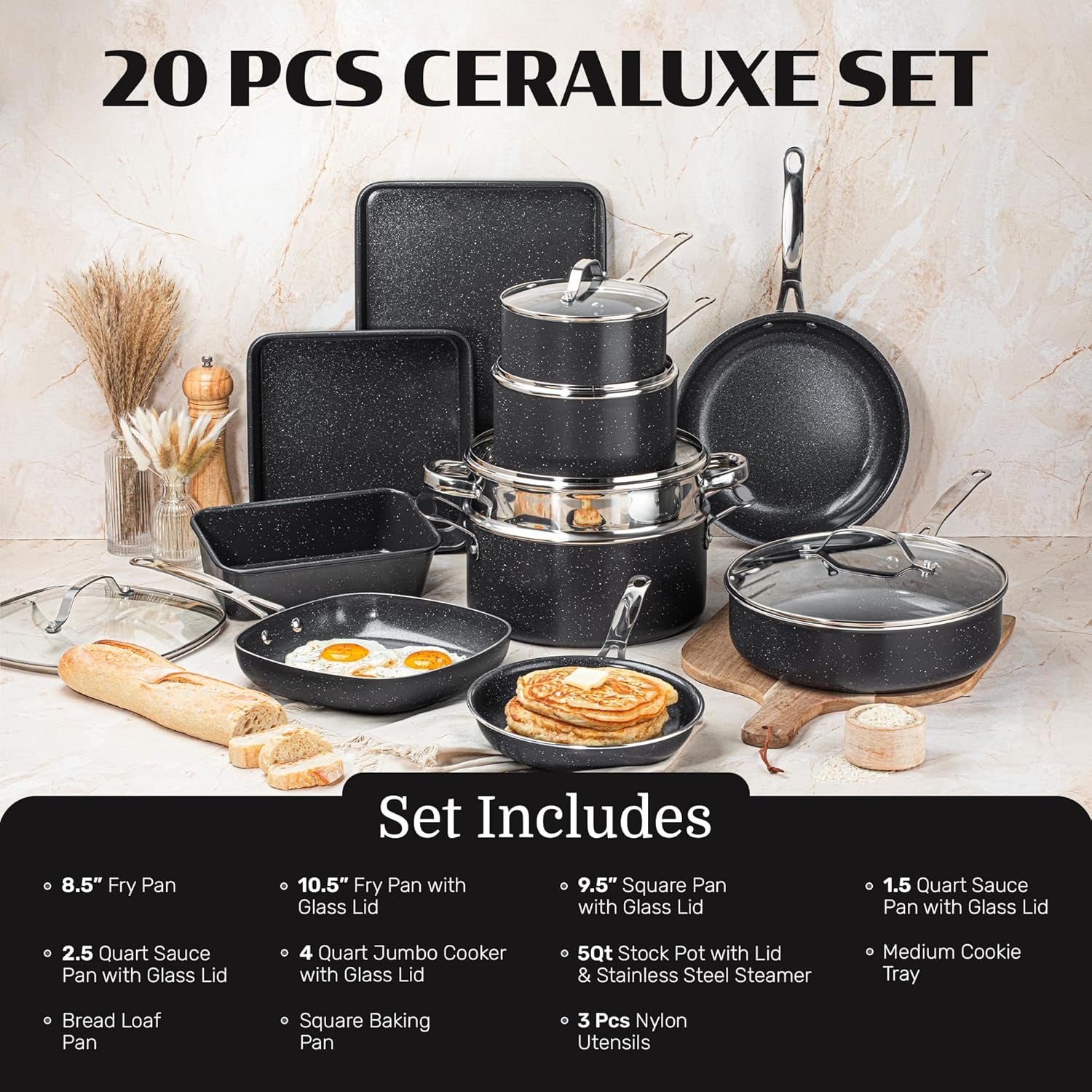 Ceraluxe 20 Pc Ceramic Cookware Set Nonstick, Complete Pots and Pans Set Non Stick for Kitchen with Bakeware, Utensils & Steamer, Non Toxic Made without PFOA PFOS, Oven & Dishwasher Safe
