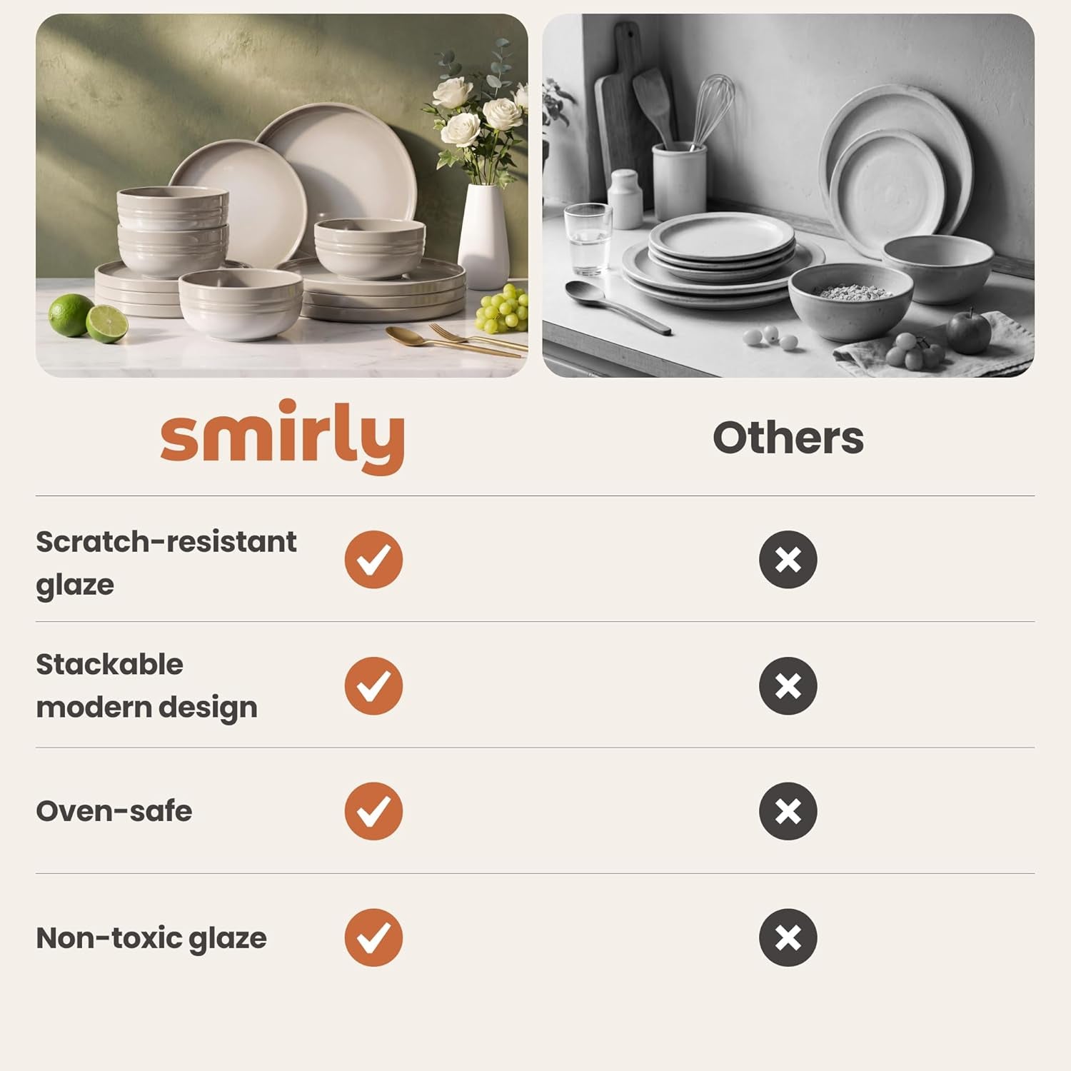 Stoneware Dinnerware Set for 4, 12-Piece Ceramic Plates and Bowls Set, Chip & Scratch Resistant Dish Set, Microwave, Dishwasher & Oven Safe for Everyday Meals, Cream White