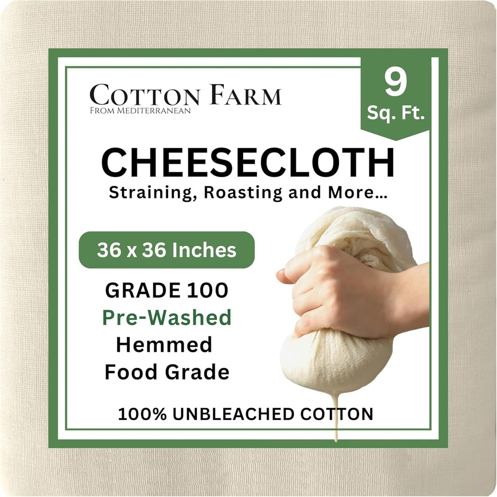 Cotton Farm Grade 100 XL Cheese Cloth for Straining & Cooking; 36X36 Inch; 100% Unbleached Cotton Cheesecloth; Reusable with Finished Edges, Butter Muslin