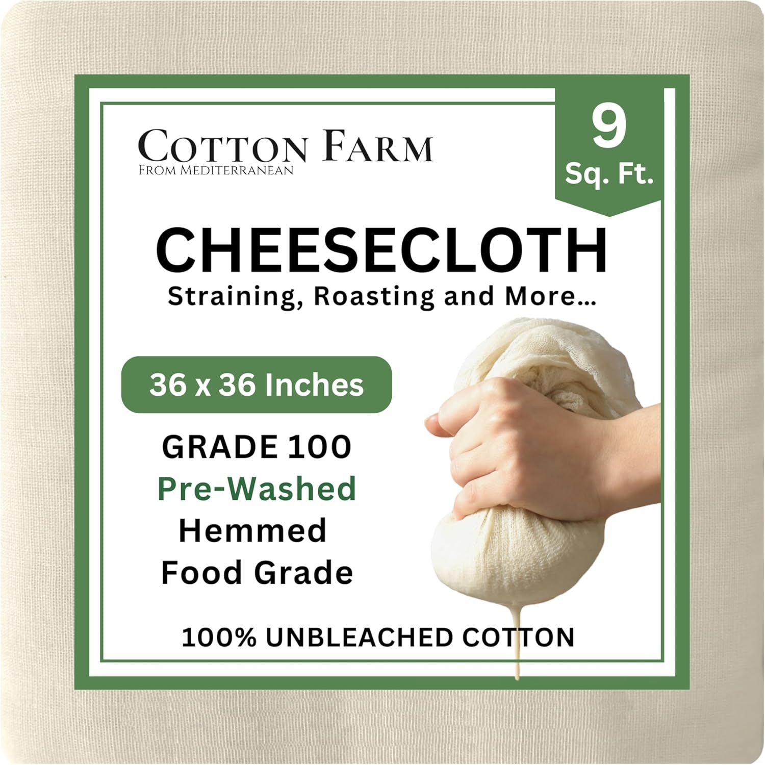 Cotton Farm Grade 100 XL Cheese Cloth for Straining & Cooking; 36X36 Inch; 100% Unbleached Cotton Cheesecloth; Reusable with Finished Edges, Butter Muslin