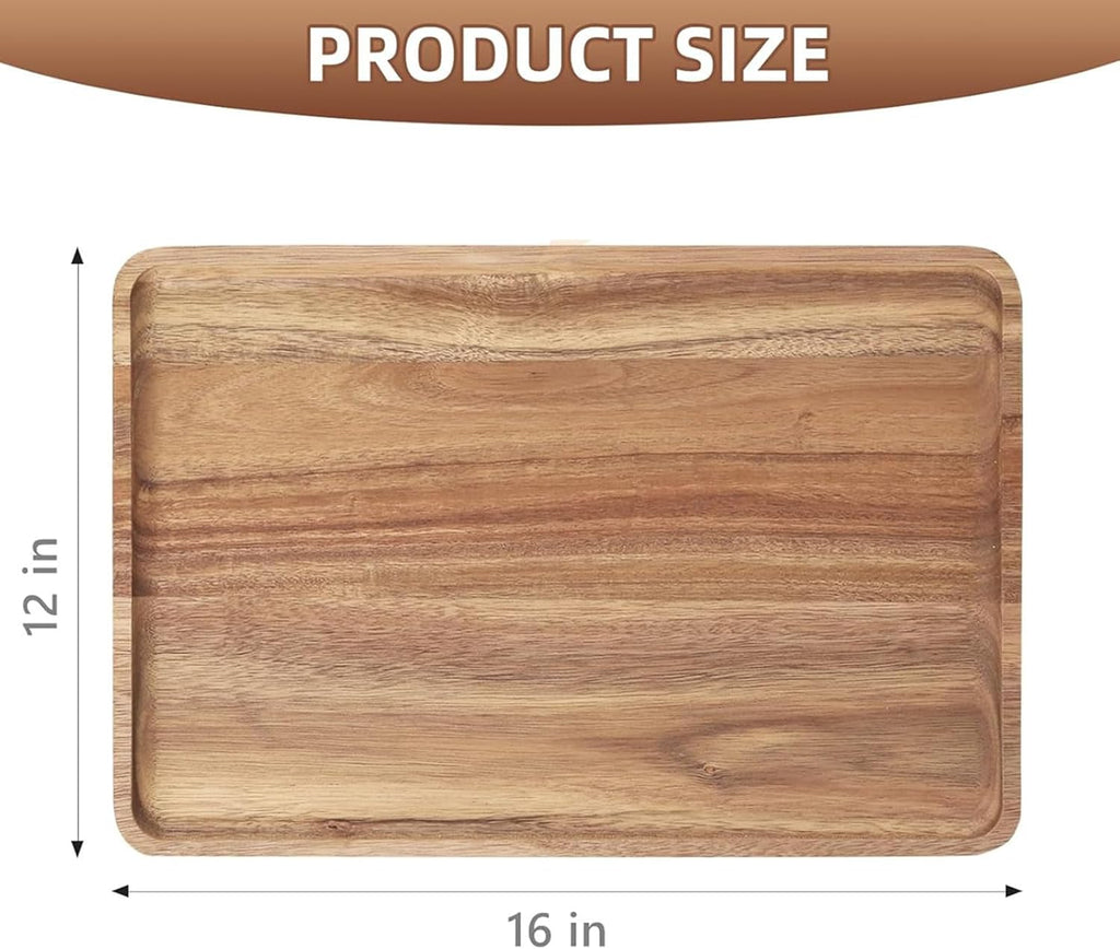 2 PCS 16 X 12 in Large Solid Acacia Wood Serving Trays Rectangular Wooden Serving Platters Natural Wooden Boards for Bar Coffee Party（Wood Log Color）