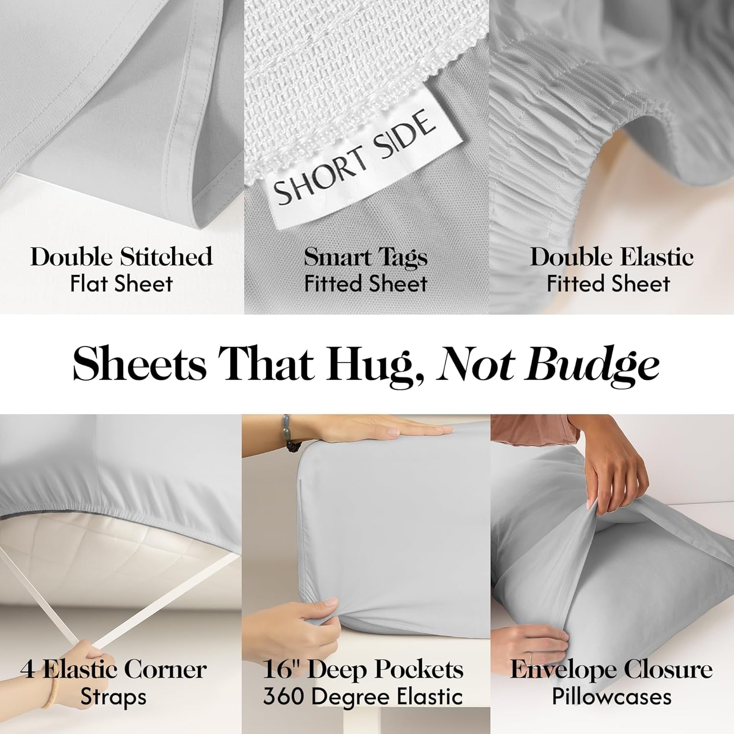 100% Organically Grown Bamboo Viscose Queen Sheet Set - 16" Deep Pocket with 4 Corner Straps & Double-Elastic, 100% Pure Viscose No Blend, Silky Soft & Breathable Bedsheets, 4 Pcs, Light Grey