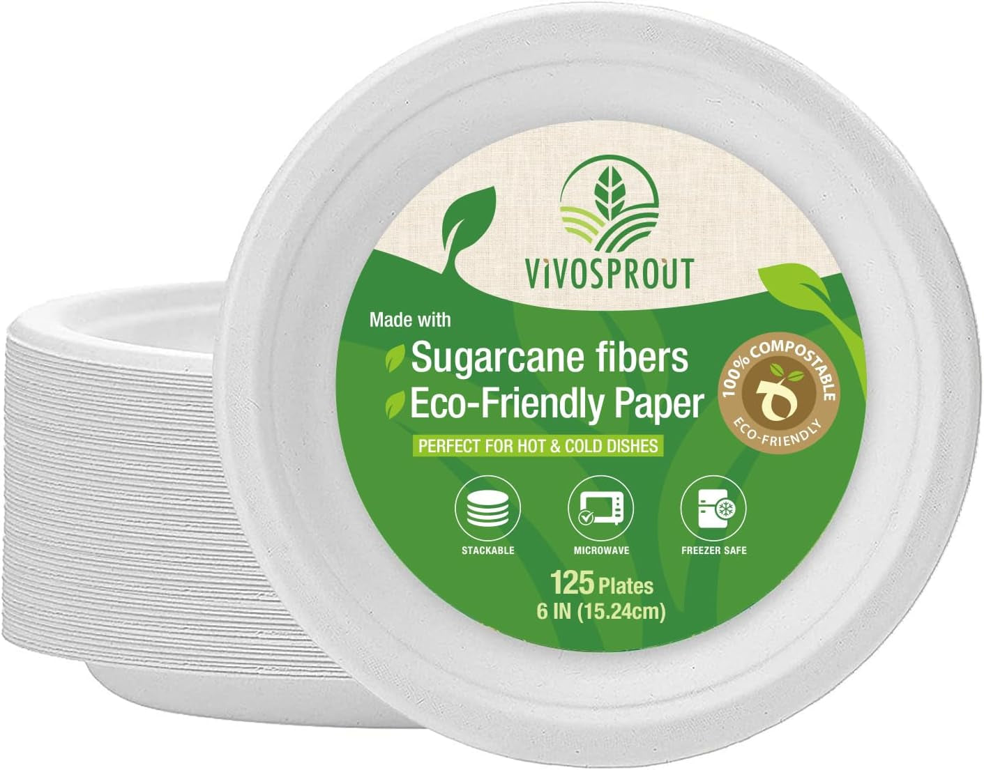 6 Inch White Compostable Plates – Biodegradable Sugarcane Fiber Dinner Plates, Heavy-Duty & Microwavable Disposable Plates for Weddings, Parties, Bbqs, Eco-Friendly Bulk 125 Pack