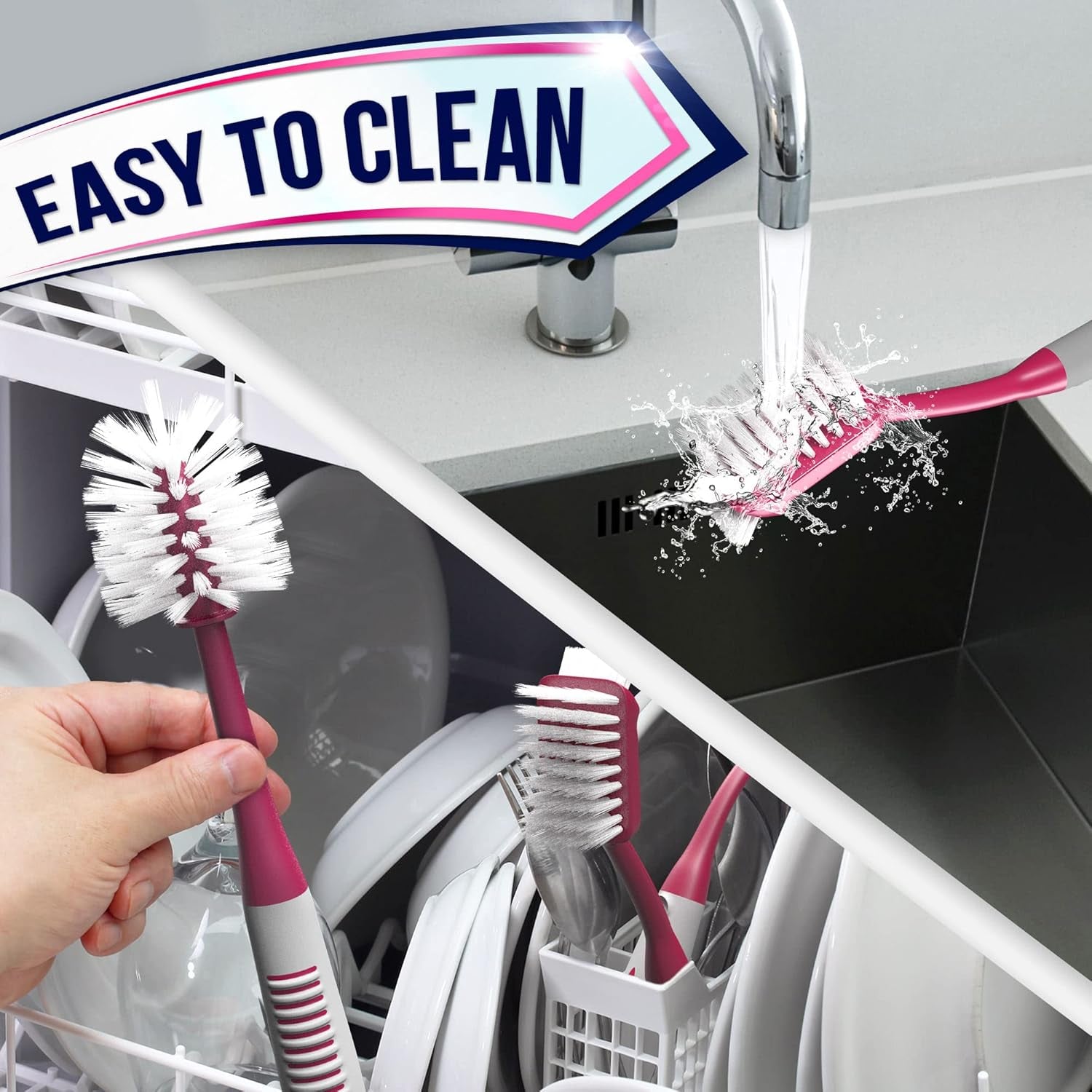 Dish Brush Set of 4 - Kitchen Scrub Brushes with Non-Slip Long Handle for Cleaning, Scrubber, Dishwashing, Dishes, Bottles, Straws, Cups, Pots & Sink, Red