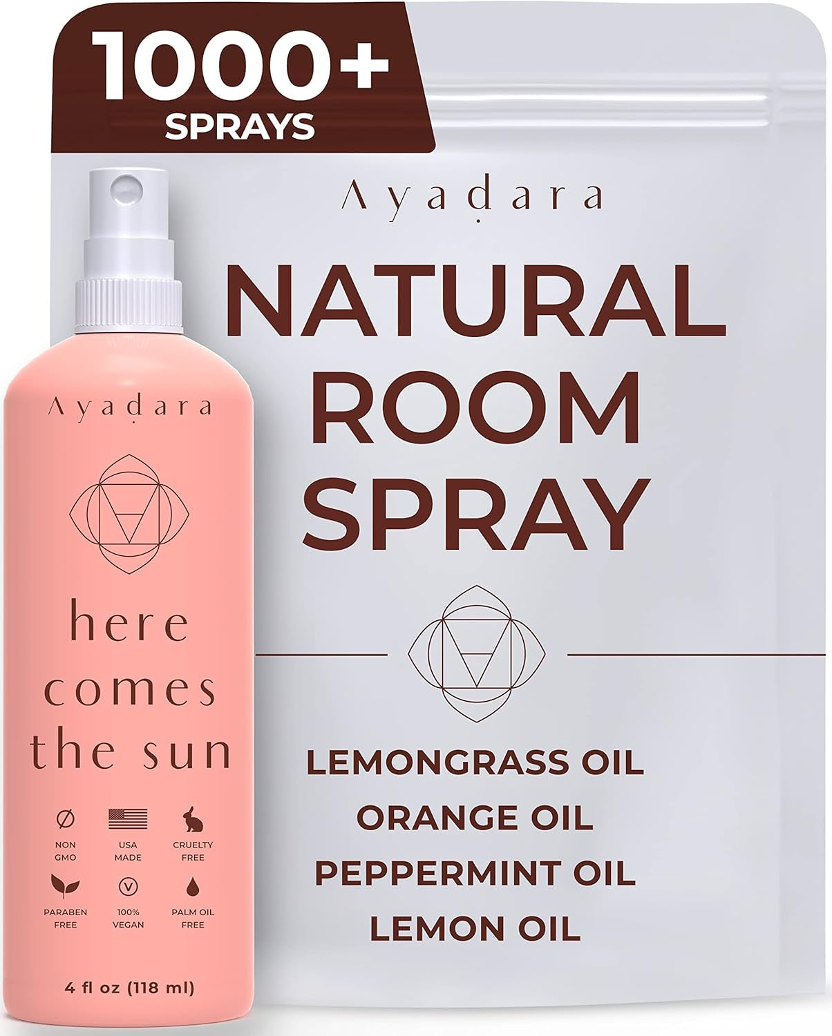 Natural Room Spray, 4 Oz, Aromatherapy for Room, Fragrance Spray and Home/Linen Deodorizer Mist, All Natural Spray Air Freshener with Lemongrass and Peppermint Oil, 1000 Sprays