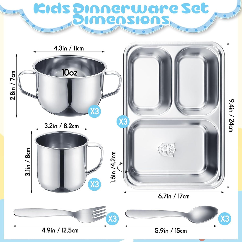15 Pcs 304 Stainless Steel Kids Dinnerware Set Unbreakable Non-Toxic Plates and Bowls Set Divided Plates Cups Bowls Forks and Spoons 3 Compartment Dinner Dish for Babies Toddlers and Kids
