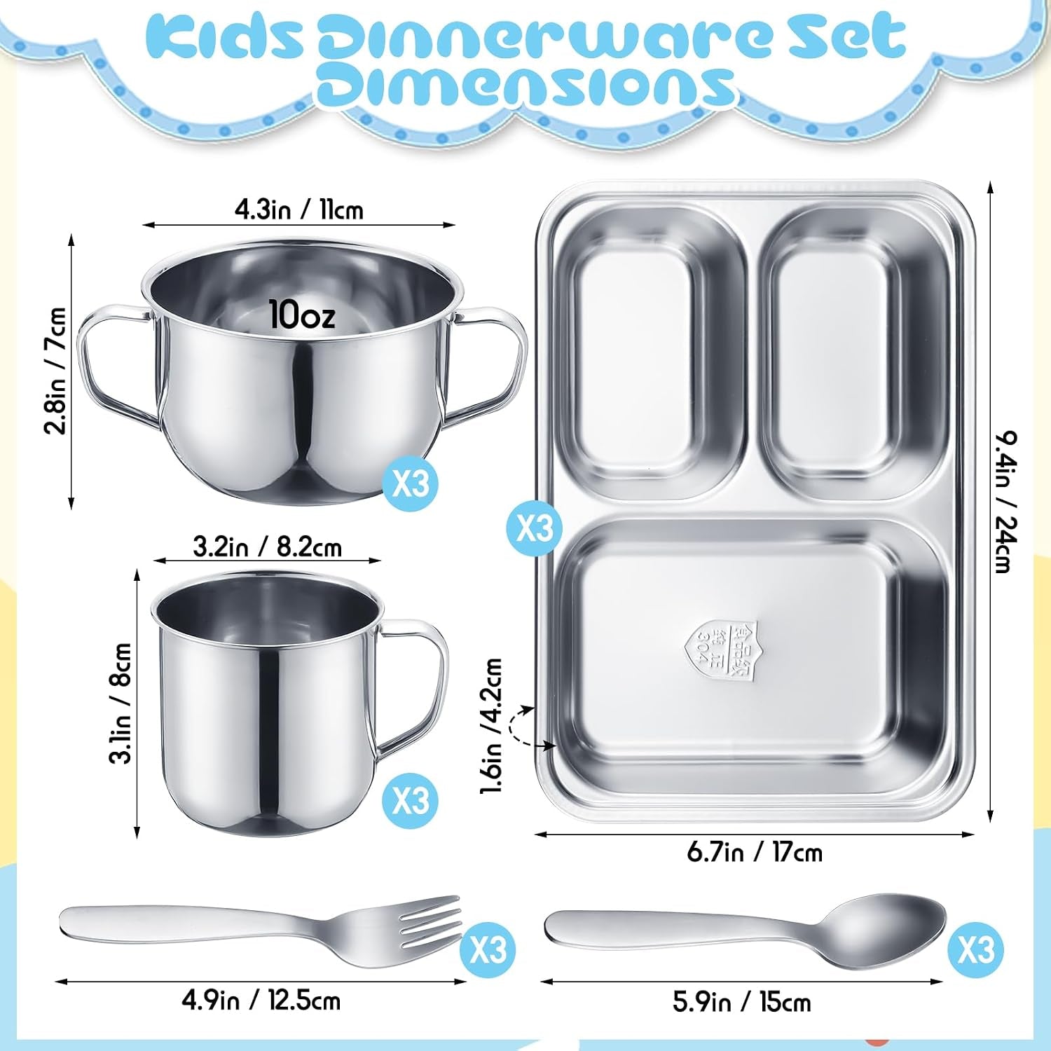 15 Pcs 304 Stainless Steel Kids Dinnerware Set Unbreakable Non-Toxic Plates and Bowls Set Divided Plates Cups Bowls Forks and Spoons 3 Compartment Dinner Dish for Babies Toddlers and Kids