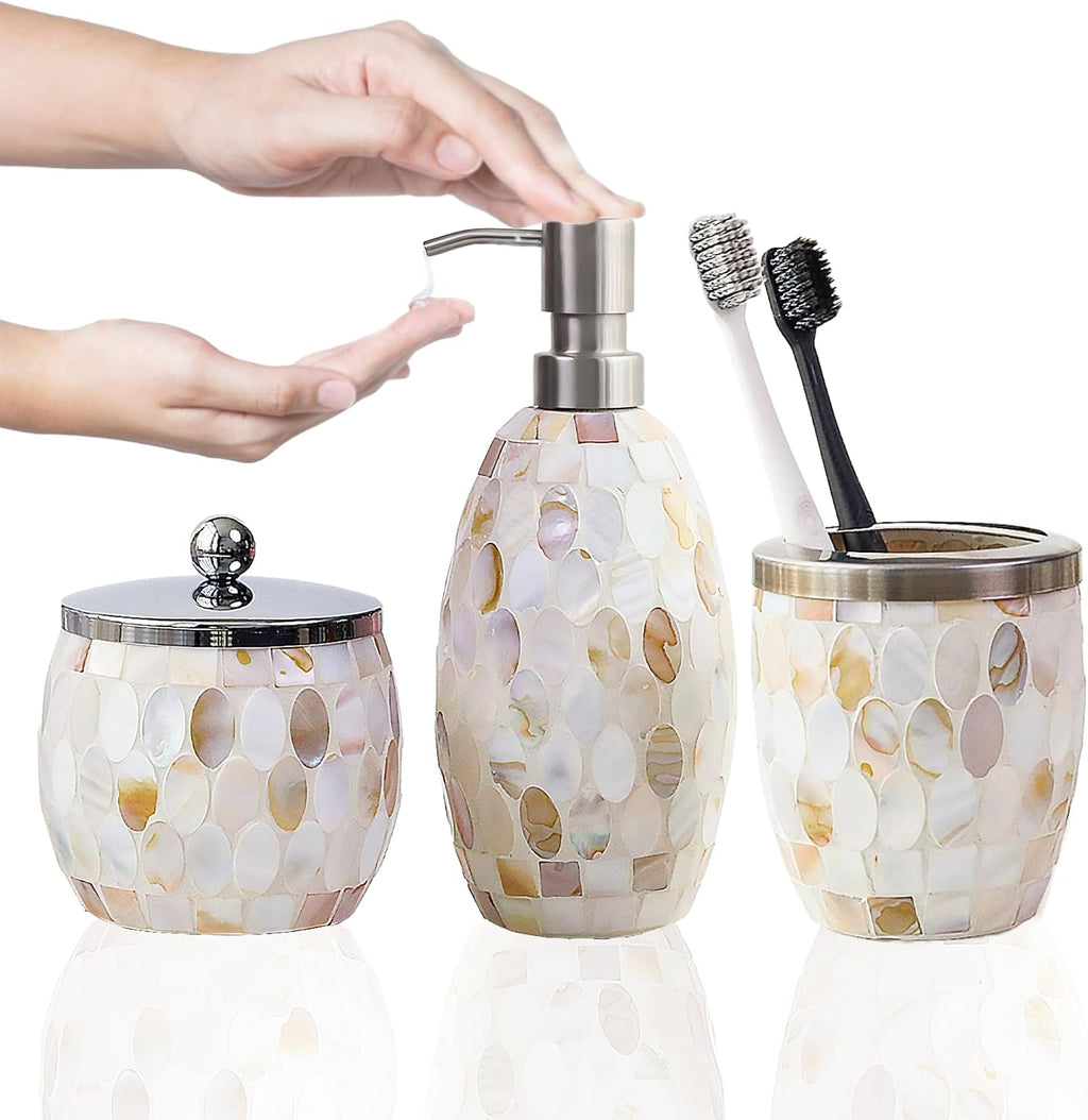 Natural Shell Bathroom Accessories Set 3 Pcs | Handcrafted Mother of Pearl Mosaic Glass Soap Dispenser, Toothbrush Holder, Cotton Jar | Luxury Coastal Bathroom Decor