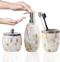 Natural Shell Bathroom Accessories Set 3 Pcs | Handcrafted Mother of Pearl Mosaic Glass Soap Dispenser, Toothbrush Holder, Cotton Jar | Luxury Coastal Bathroom Decor