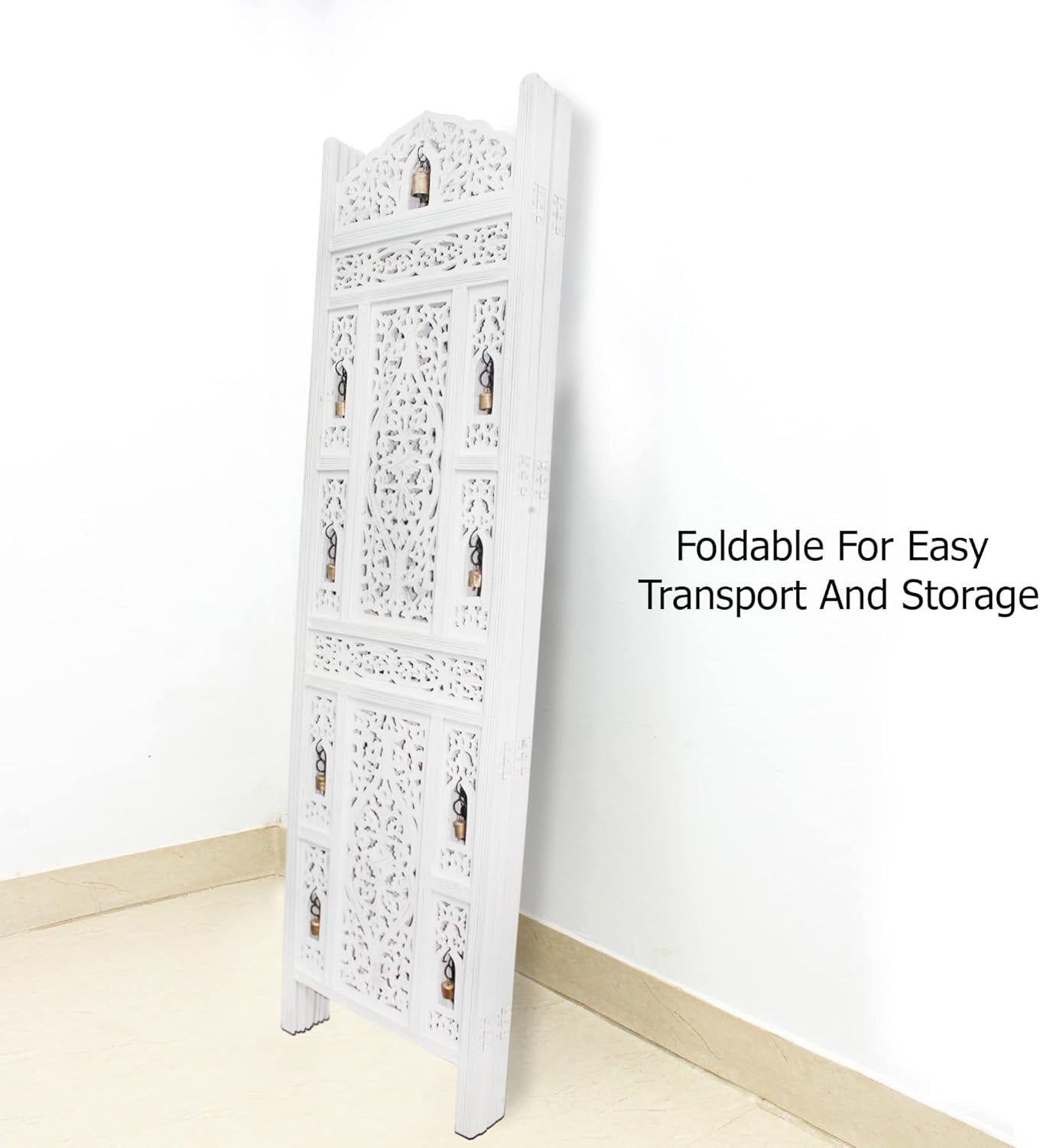 Room Divider Wood Screen - Ghanti Bells Antique White - 4 Panel Folding 72 X 80 - Assembled Hand Carved Decorative Functional Versatile Portable Partition Reversible Privacy Boho -