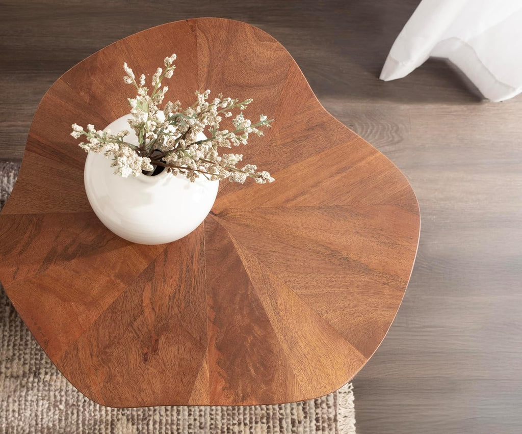 Kanna Modern Wavy Pieced Mango Wood round Side Table, 16 X 16 X 21, Walnut Brown, Mid-Century Scalloped Wooden End Table for Bedroom Nightstand or Living Room Plant Stand Indoors