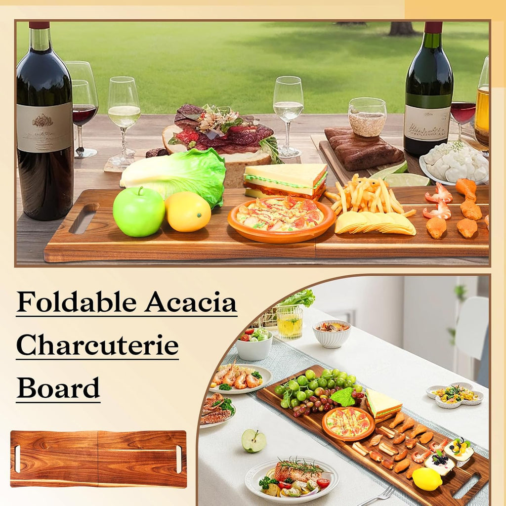 Acacia Large Charcuterie Board, Wood Charcuterie Boards with Handles Foldable Travel 33 X 12 Inch Cheese Boards Serving Board with Food Meat Party Appetizers (Large, Rectangular)