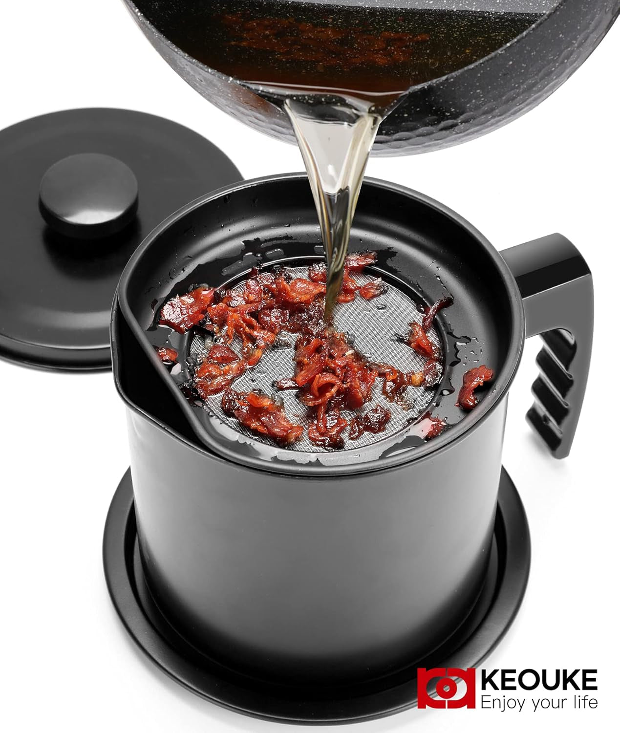 Bacon Grease Container with Strainer - 1.3L / 5.2 Cups Oil Storage Holder Can for Cooking, Frying with Replaceable Cleaning Brush
