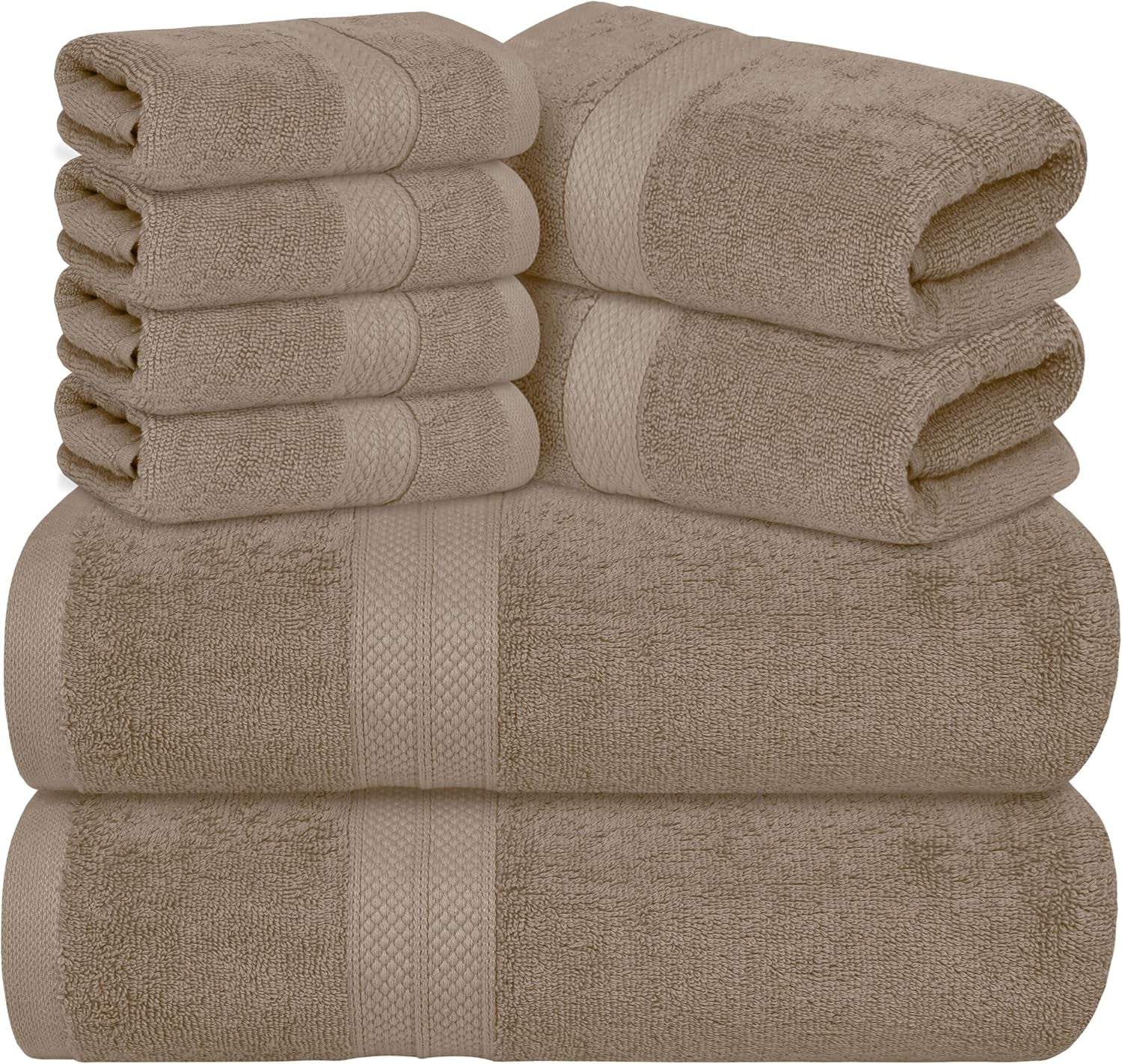 Luxury 8 Piece Beige Towels Set, 2 Bath Towels, 2 Hand Towels and 4 Washcloths, 600 GSM 100% Ring Spun Cotton Highly Absorbent Beige Bathroom Towels, Ideal for Hotel, Spa and Gym