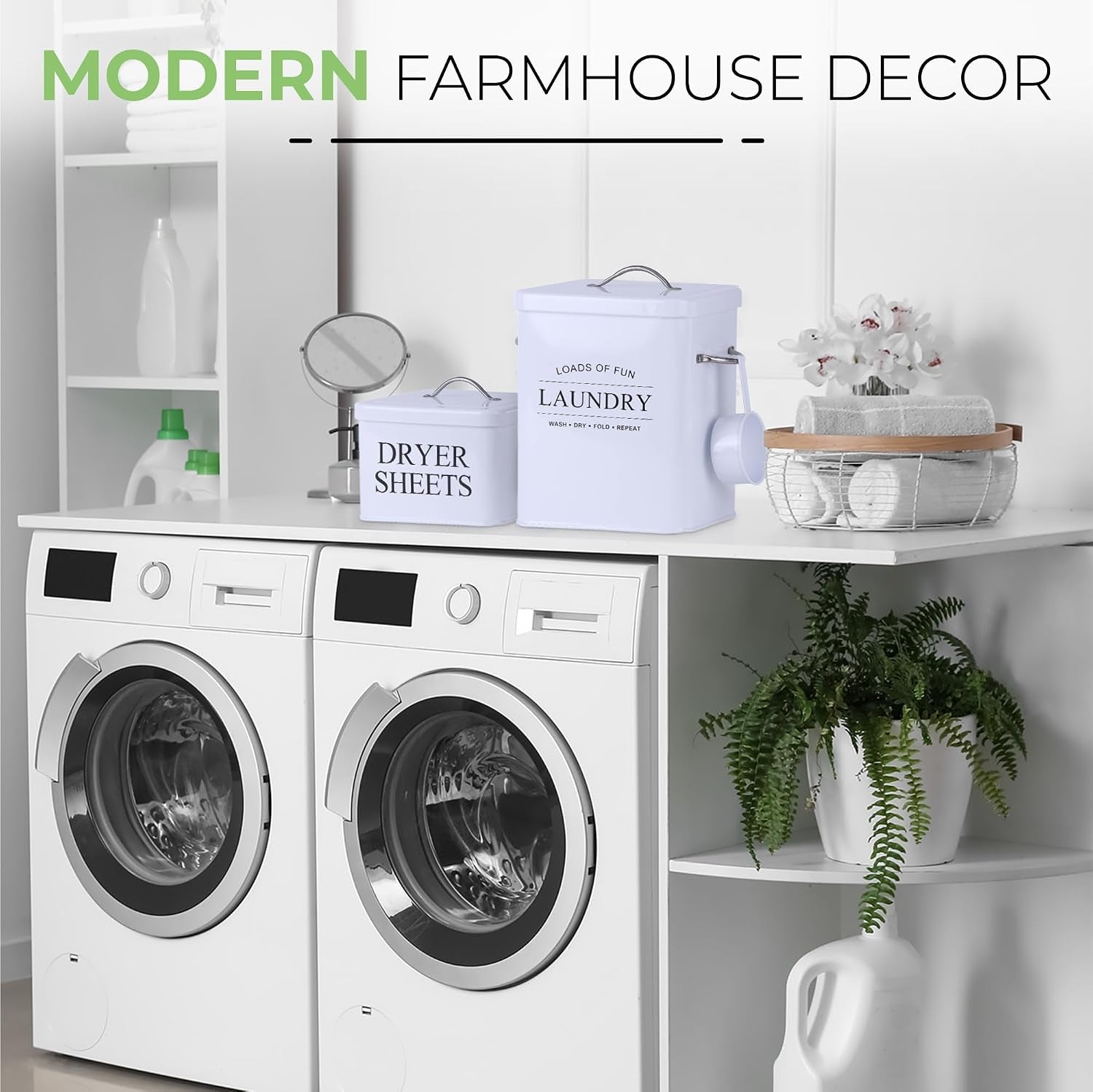 2 Pack Laundry Detergent Container and Dryer Sheet Holder Dispenser with Hermetic Seal,Farmhouse Laundry Room Organization Containers, Large Metal Laundry Detergent Powder Storage with Scoop