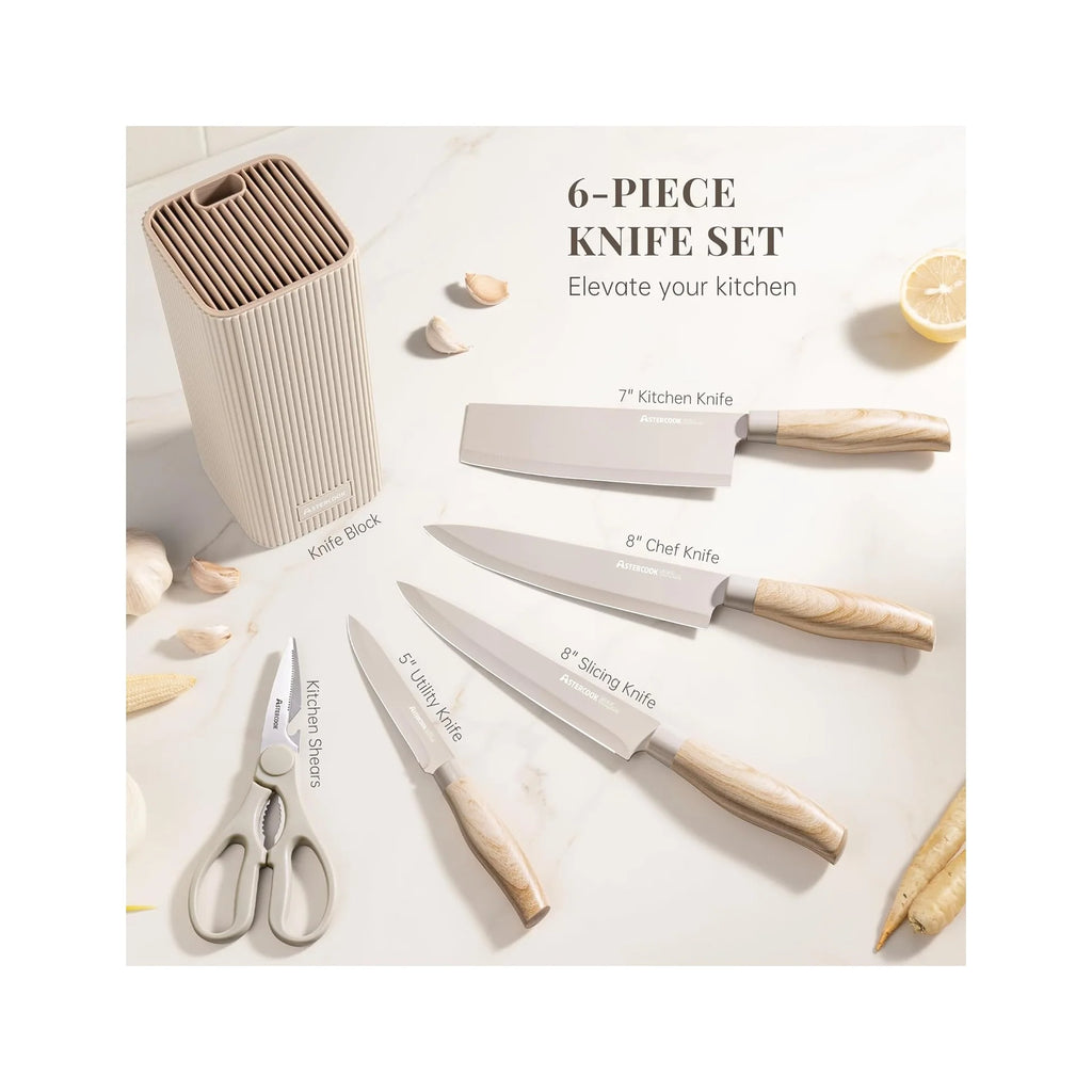 Knife Set, 6-Piece Kitchen Knife Set with Block, High Carbon Stainless Steel Ultra Sharp Kitchen Knives, Wood Grain Handle, Dishwasher Safe Knife Block Set, Khaki