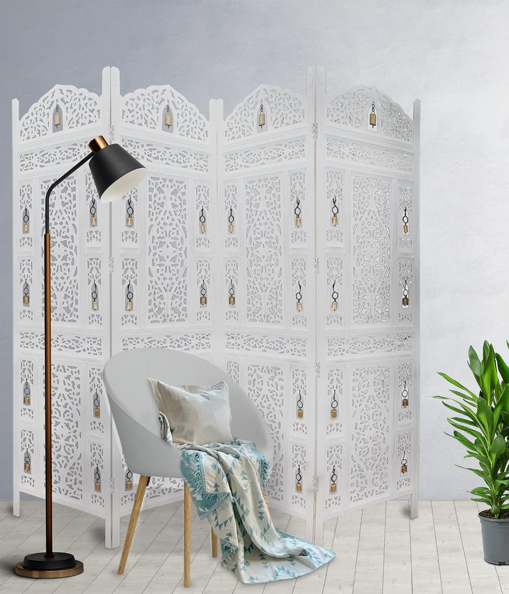 Room Divider Wood Screen - Ghanti Bells Antique White - 4 Panel Folding 72 X 80 - Assembled Hand Carved Decorative Functional Versatile Portable Partition Reversible Privacy Boho -